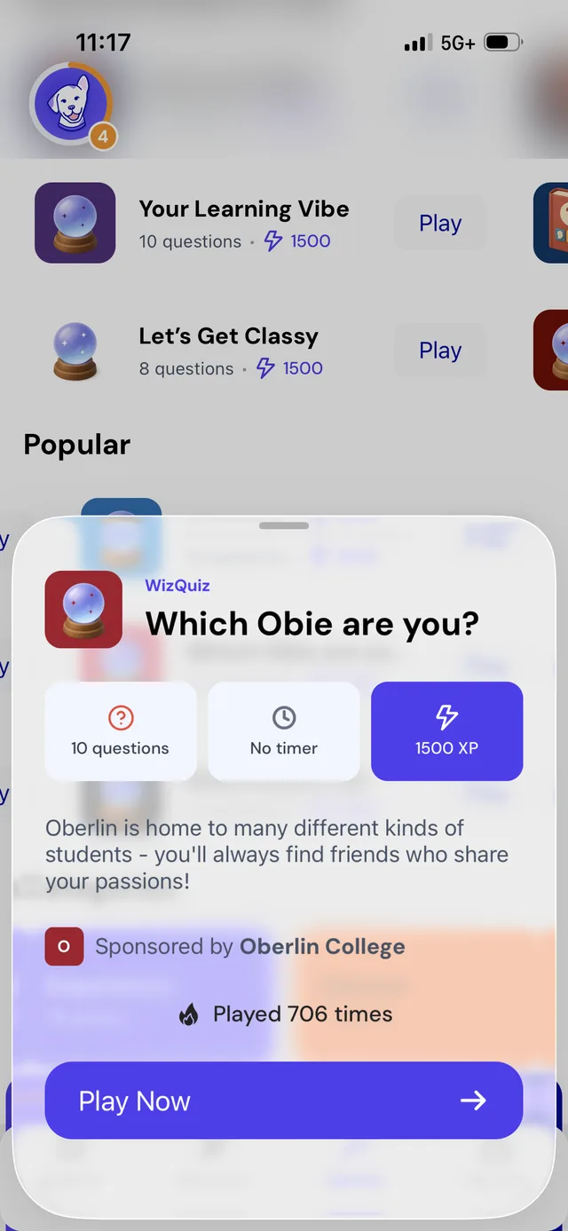A game's preview drawer in the Loper app, with its length, XP, and a Play Now button