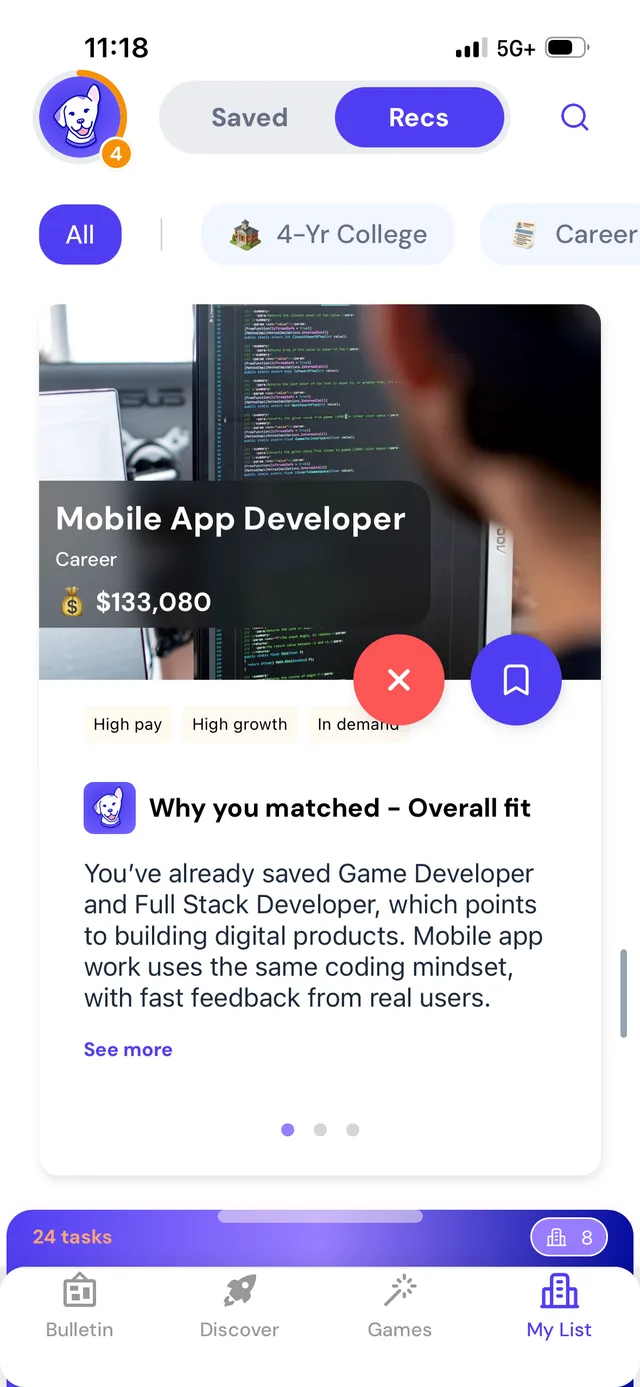 A career match in the Loper app, with the reason it was matched